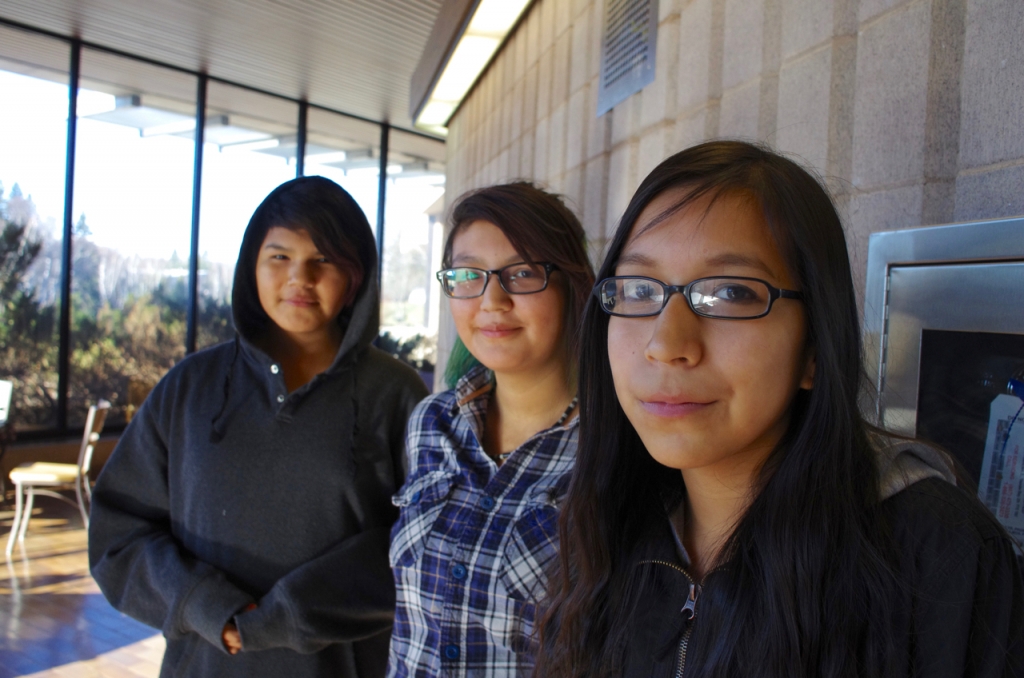 Eabametoong’s Lovina Moonias, Starr Moonias and friend attended the National Centre for Truth and Reconciliation’s Nov. 9 Community Engagement Session at Lakehead University with a group from the Underground Gym.  Photo by Rick Garrick