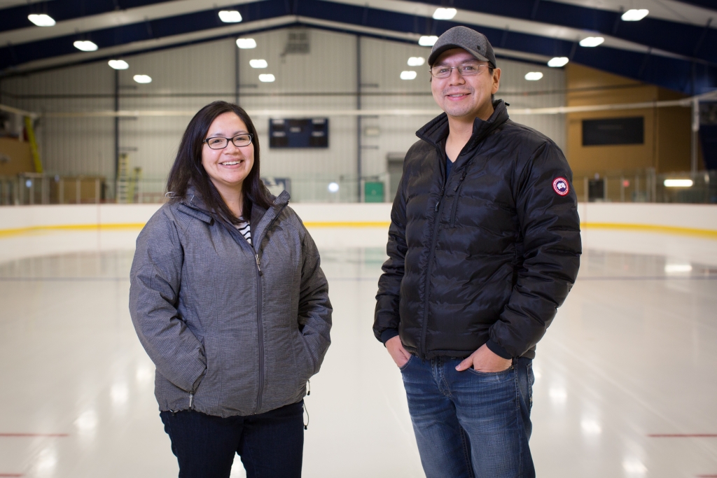 Tournament organizers, Shera Wesley and Chris Lawson, at the Lac Seul Arena. Not pictured is committee member Sol Mamakwa. Photo by Blue Earth Photography